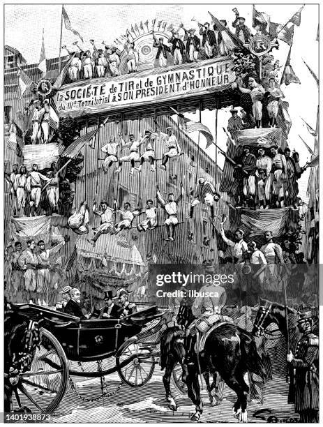 antique illustration: gymnastic society welcoming president loubet - festival float stock illustrations