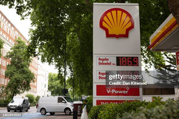 Prices are displayed on a petrol station forecourt on June 09, 2022 in London, England. UK Fuel prices rose again today bringing the cost of filling...