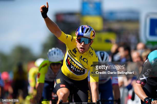 Wout Van Aert of Belgium and Team Jumbo - Visma Yellow Leader Jersey celebrates winning during the 74th Criterium du Dauphine 2022, Stage 5 a 162,3km...