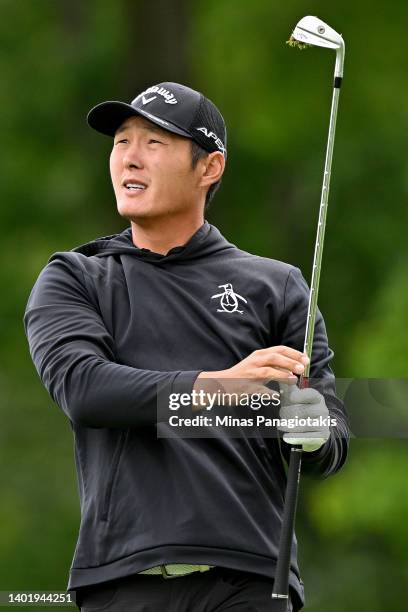 Danny Lee of New Zealand plays his shot from the eighth tee during the first round of the RBC Canadian Open at St. George's Golf and Country Club on...