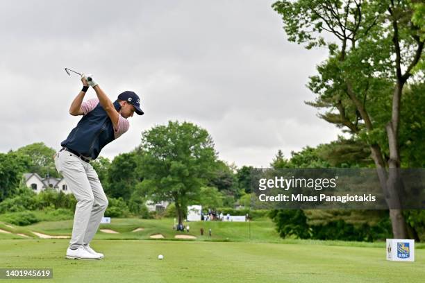 Lee Hodges of the United States plays his shot from the eighth tee during the first round of the RBC Canadian Open at St. George's Golf and Country...