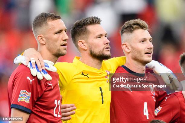 Tomas Soucek, Goalkeeper Tomas Vaclik and Jakub Brabec of Czech Republic getting into the field during the UEFA Nations League League A Group 2 match...