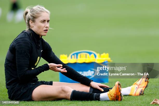 Steph Houghton of England looks on during the England Women Training Camp at St George's Park on June 09, 2022 in Burton upon Trent, England.