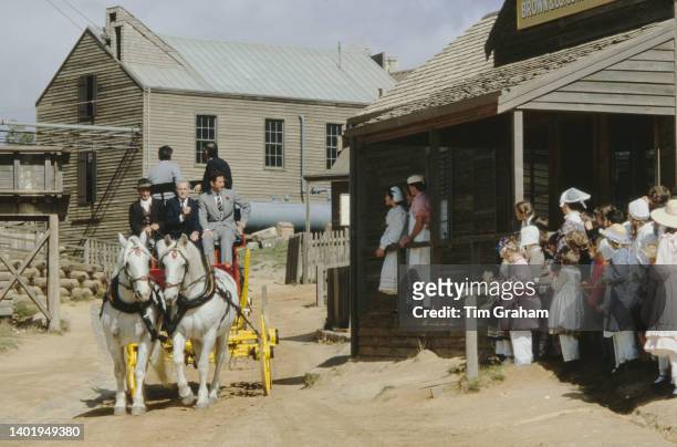 Prince Charles rides on a stagecoach in Sovereign Hill, Ballarat, Australia, 15th April 1983.