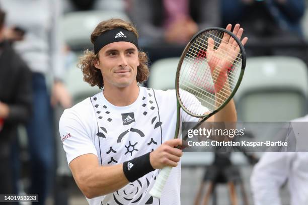 Stefanos Tsitsipas of Greece celebrates after winning the round of 16 match against Dominic Stricker of Switzerland during day four of the BOSS OPEN...