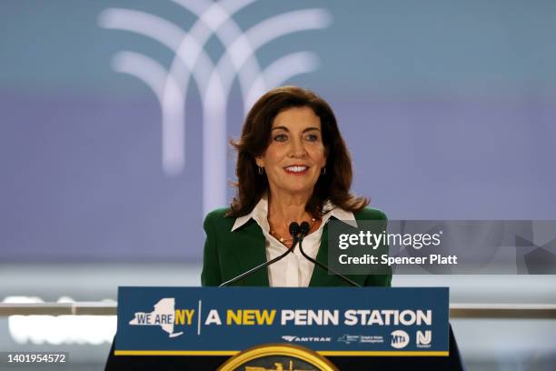 New York Governor Kathy Hochul speaks about the new redesign plan for Penn Station at the Moynihan Train Hall on June 09, 2022 in New York City....