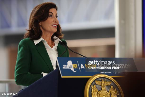 New York Governor Kathy Hochul speaks about the new redesign plan for Penn Station at the Moynihan Train Hall on June 09, 2022 in New York City....