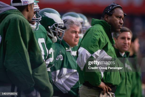 Ray Rhodes, Head Coach for the Philadelphia Eagles looks on from the sideline during the National Football Conference East Division game against the...