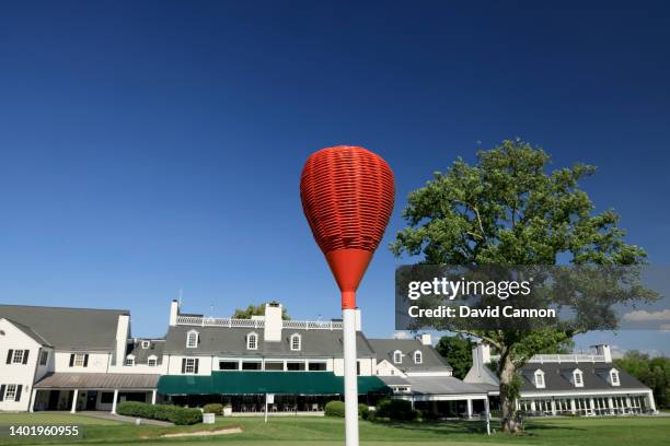 General view the famous 'basket' pin flags of Merion Golf Club on the green on the par four 18th hole with the clubhouse behind during final practice...