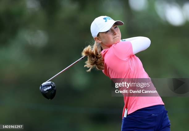 Louise Duncan of Scotland and The GB&I team plays a shot during a practice round ahead of The Curtis Cup at Merion Golf Club on June 09, 2022 in...