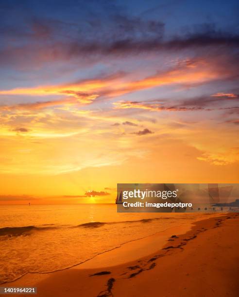 paisagem marinha cor de laranja com veleiro sobre o céu do pôr do sol - siesta key - fotografias e filmes do acervo
