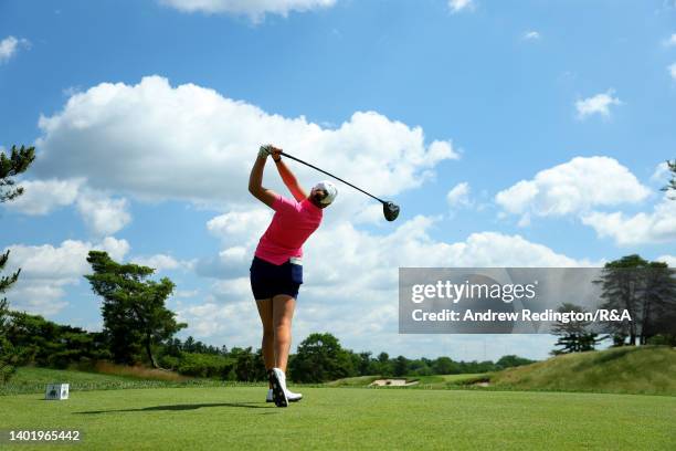 Hannah Darling of Team Great Britain and Ireland in action during a practice round ahead of The Curtis Cup at Merion Golf Club on June 09, 2022 in...