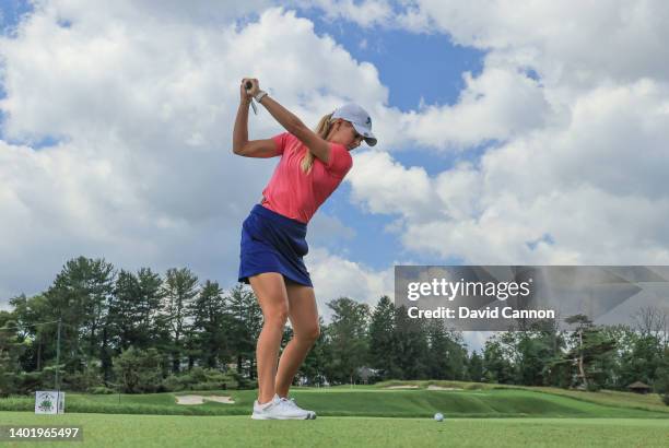 Annabell Fuller of England and The GB&I team plays a shot during a practice round ahead of The Curtis Cup at Merion Golf Club on June 09, 2022 in...