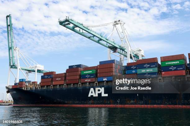 Cargo ship sits at PortMiami on June 09, 2022 in Miami Beach, Florida. The US trade deficit shrunk in April, reflecting a drop in the value of...