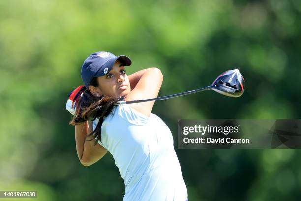 Megha Ganne of The United States team plays a shot during a practice round ahead of The Curtis Cup at Merion Golf Club on June 09, 2022 in Ardmore,...