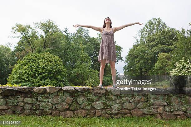 usa, new jersey, happy woman standing on stone wall on field - stone wall garden stock pictures, royalty-free photos & images