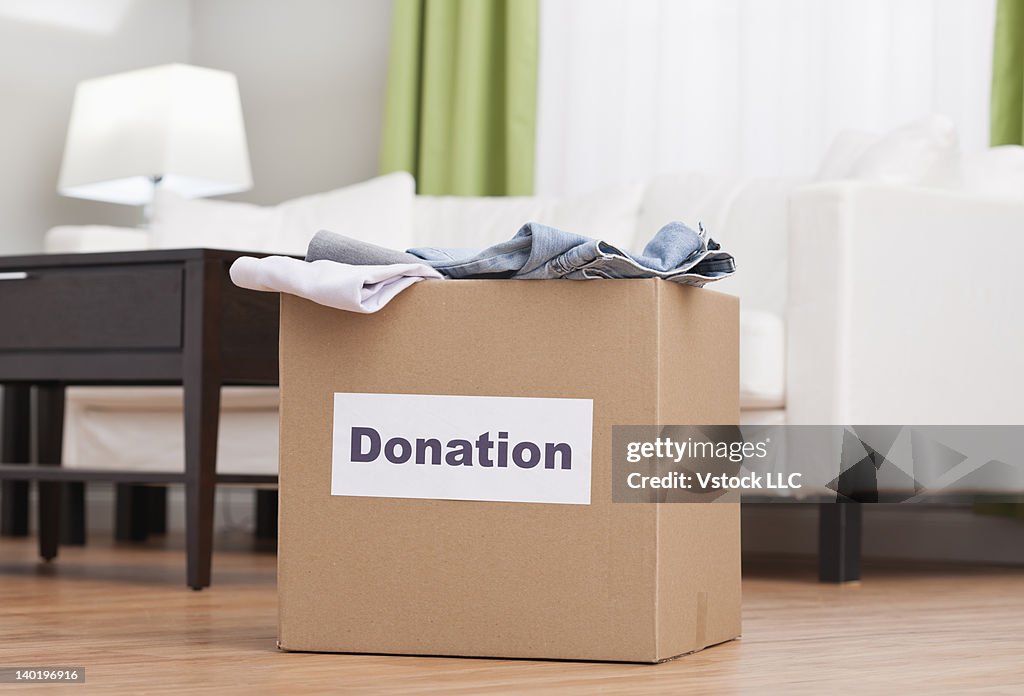 USA, Illinois, Metamora, Cardboard box with clothes in living room