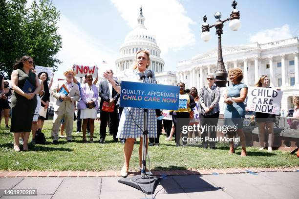 Rep. Debbie Dingell joins members of Congress and advocates to push for child care in budget reconciliation outside of the U.S. Capitol Building on...