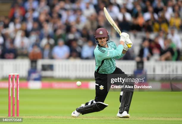 Jason Roy of Surrey hits runs during the Vitality Blast match between Middlesex and Surrey at Lord's Cricket Ground on June 09, 2022 in London,...