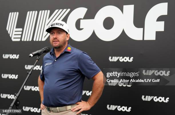 Graeme McDowell of Niblicks GC speaks to the media during a press conference during day one of the LIV Golf Invitational - London at The Centurion...