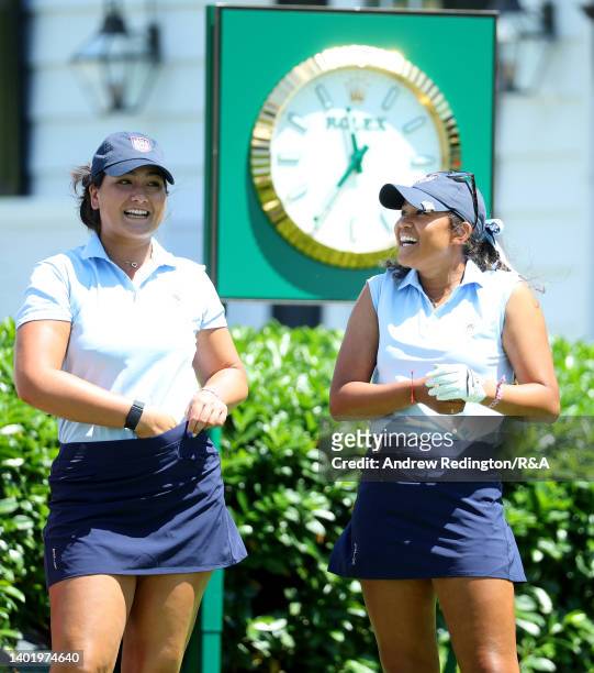Latanna Stone and Amari Avery of Team USA share a joke during a practice round ahead of The Curtis Cup at Merion Golf Club on June 09, 2022 in...
