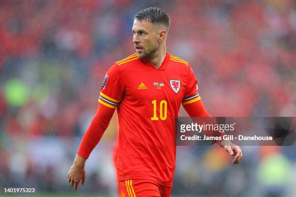 Aaron Ramsey of Wales in action during the FIFA World Cup Qualifying Playoff match between Wales and Ukraine at Cardiff City Stadium on June 05, 2022...