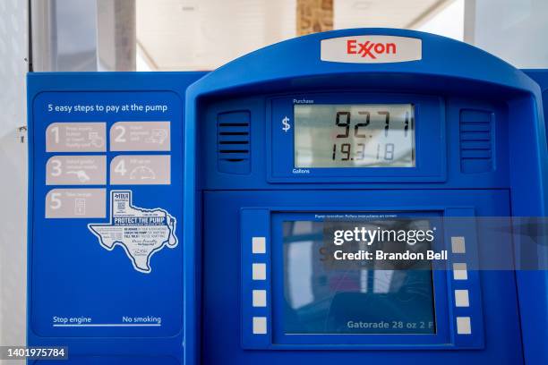 An Exxon Mobil gas pumping station is seen on June 09, 2022 in Houston, Texas. Gas prices are breaching record highs as demand increases and supply...