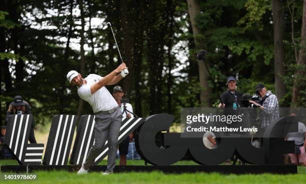 Dustin Johnson of the United States tees off on the 5th hole during day one of the LIV Golf Invitational at The Centurion Club on June 09, 2022 in St...