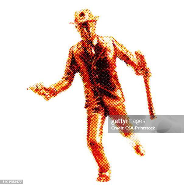gold man running with gun and axe - sniper stock illustrations