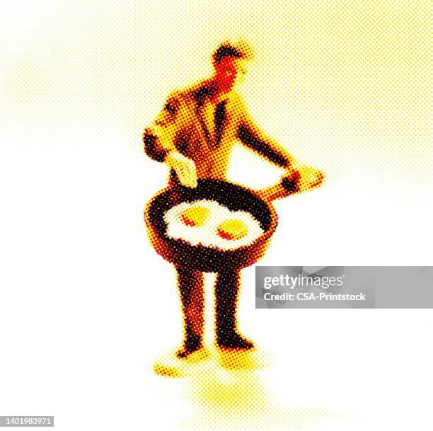 man holding pan of fried eggs - making breakfast stock illustrations