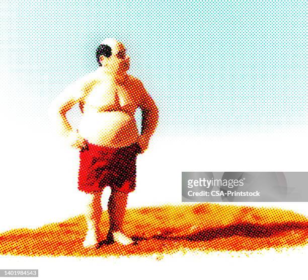 オーバーウェイト男性 trunks 着てビーチでスイミング - �プラスサイズモデル点のイラスト素材／クリップアート素材／マンガ素材／アイコン素材
