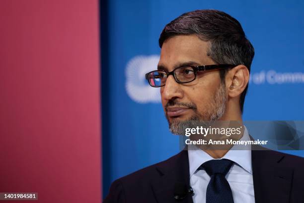 Google CEO Sundar Pichai speaks at a panel at the CEO Summit of the Americas hosted by the U.S. Chamber of Commerce on June 09, 2022 in Los Angeles,...