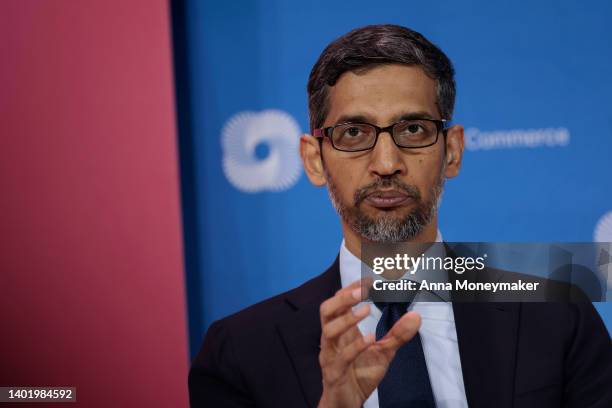 Google CEO Sundar Pichai speaks at a panel at the CEO Summit of the Americas hosted by the U.S. Chamber of Commerce on June 09, 2022 in Los Angeles,...