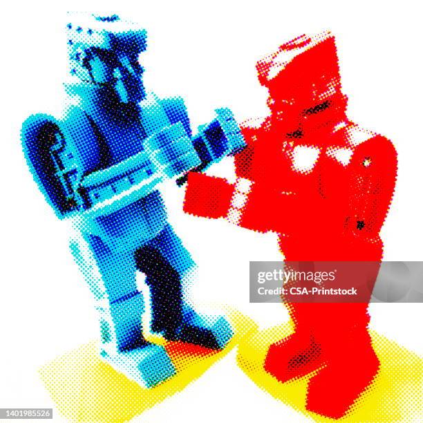 bildbanksillustrationer, clip art samt tecknat material och ikoner med red and blue robots fighting - ring fight