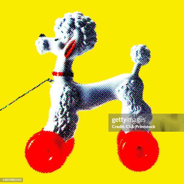 white poodle on wheels - dog yellow background stock illustrations