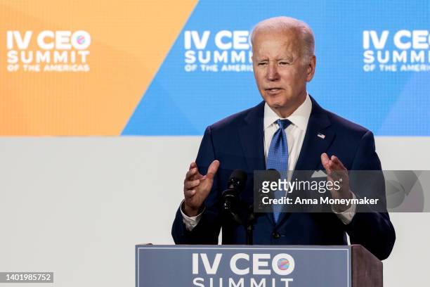 President Joe Biden gestures as he speaks at a session of the CEO Summit of the Americas hosted by the U.S. Chamber of Commerce on June 09, 2022 in...