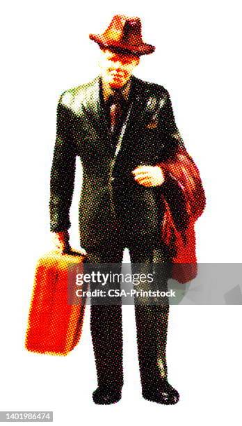 businessman carrying suitcase and wearing hat - man suitcase stock illustrations