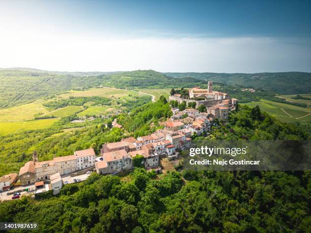 aerial old town on the top of a hill - motovun - istria stock pictures, royalty-free photos & images
