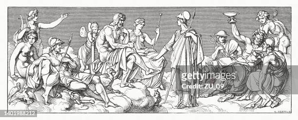 ilustraciones, imágenes clip art, dibujos animados e iconos de stock de los dioses griegos del olimpo, grabado en madera, publicado en 1881 - mitología griega