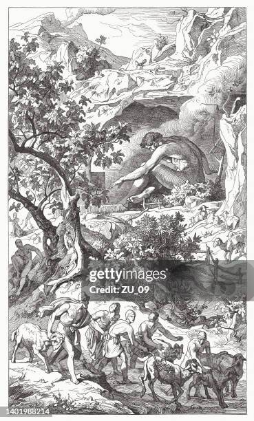 deduction from the cave of the cyclops polyphemus, woodcut, 1881 - greek mythology stock illustrations