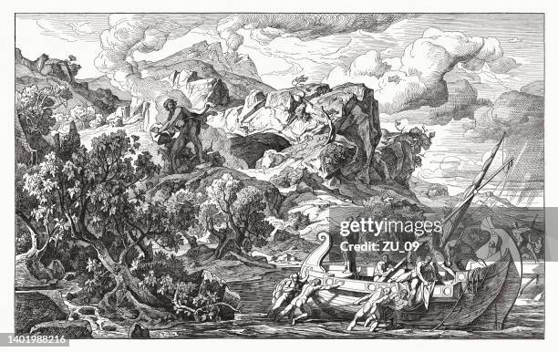 ilustraciones, imágenes clip art, dibujos animados e iconos de stock de ulises partiendo de la tierra de los cíclopes, xilografía, 1881 - ulises