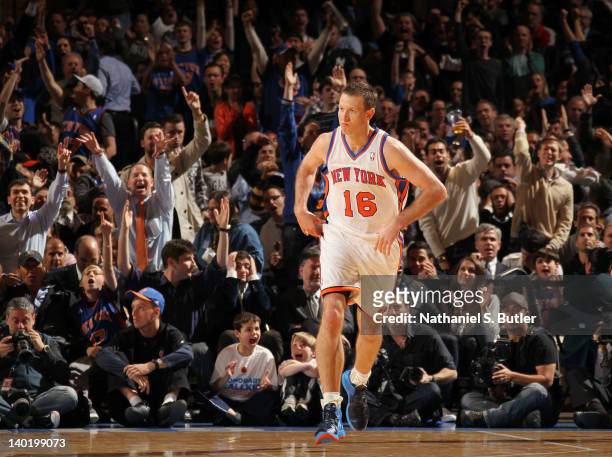 Steve Novak of the New York Knicks racts after hitting a three point shto during the fourth quarter against the Cleveland Cavaliers on February 29,...