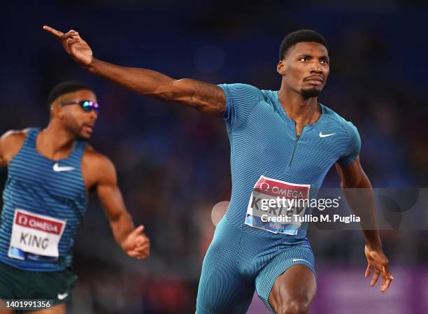 Fred Kerley of The United States celebrates after crossing the finish line to win the Men's 100m during the Golden Gala Pietro Mennea 2022, part of...