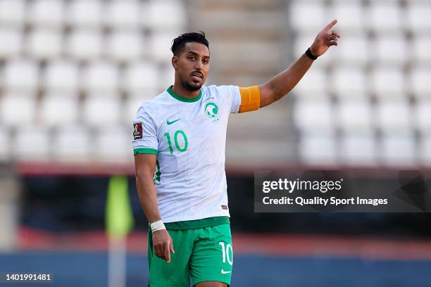 Salem Al-Dawsari of Saudi Arabia reacts during the international friendly match between Saudi Arabia and Venezuela at Estadio Enrique Roca on June...