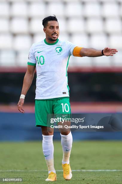 Salem Al-Dawsari of Saudi Arabia reacts during the international friendly match between Saudi Arabia and Venezuela at Estadio Enrique Roca on June...