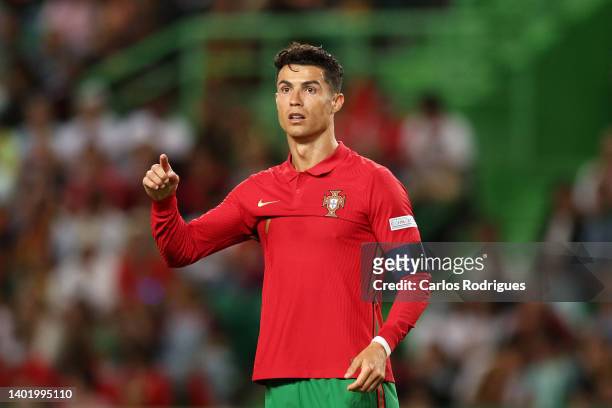 Cristiano Ronaldo of Portugal reacts during the UEFA Nations League League A Group 2 match between Portugal and Czech Republic at Estadio Jose...