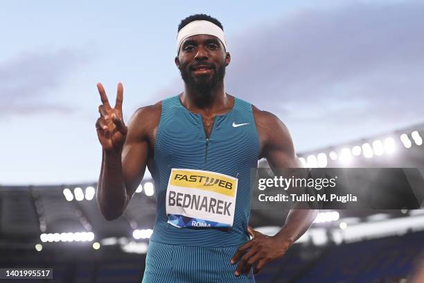 Kenneth Bednarek of The United States celebrates after winning the Men's 200m during the Golden Gala Pietro Mennea 2022, part of the 2022 Diamond...