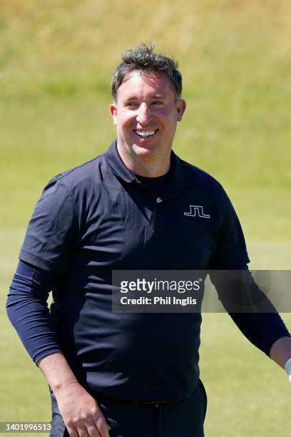 Robbie Fowler, ex Liverpool footballer in action during the Celebrity Pro-Am ahead of the Jersey Legends at La Moye Golf Club on June 09, 2022 in St...
