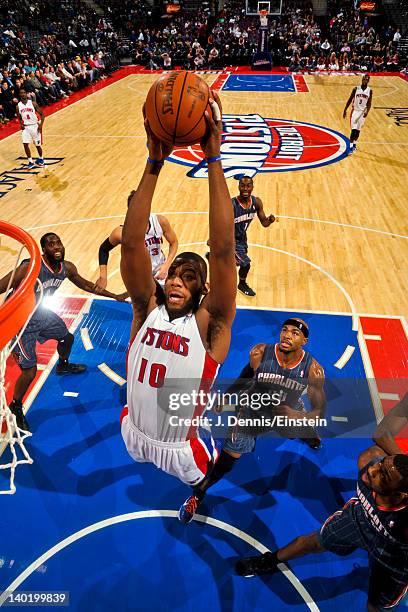 Greg Monroe of the Detroit Pistons goes to the basket against the Charlotte Bobcats on February 29, 2012 at The Palace of Auburn Hills in Auburn...