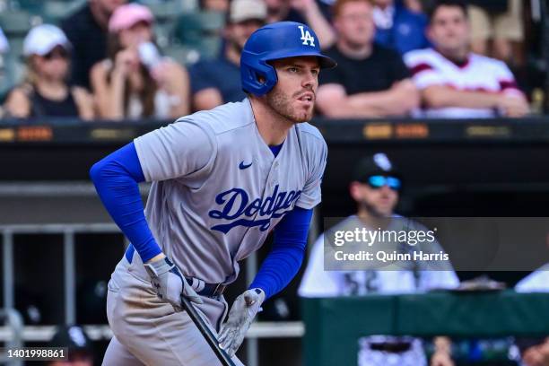 Freddie Freeman of the Los Angeles Dodgers hits a two run double in the fifth inning against the Chicago White Sox at Guaranteed Rate Field on June...